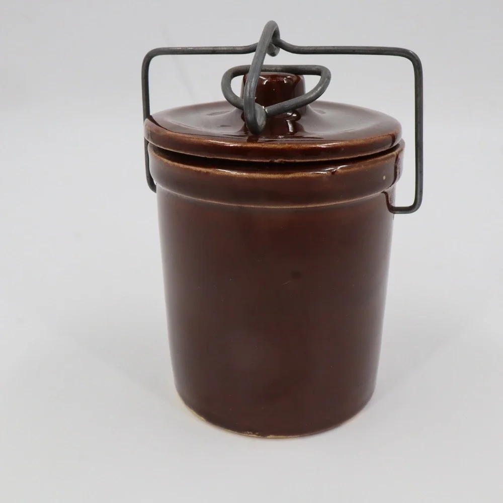 Stoneware Crock Jar Unisex 5in Brown Glazed Wire Bale Lid Vintage‎